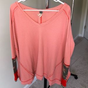 Free People Oversized V Neck Sweater. Coral